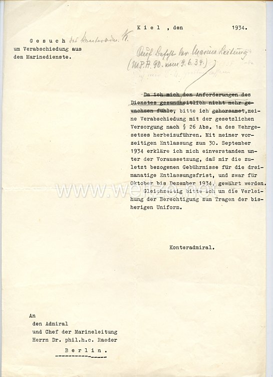 Kriegsmarine - Originalunterschrift von Großadmiral Dr. phil.h.c. Erich Raeder Bild 2
