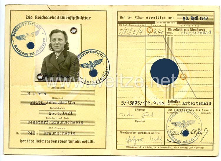 Reichsarbeitsdienst ( RAD ) - Reichsarbeitsdienstpaß für die weibliche Jugend  Bild 2