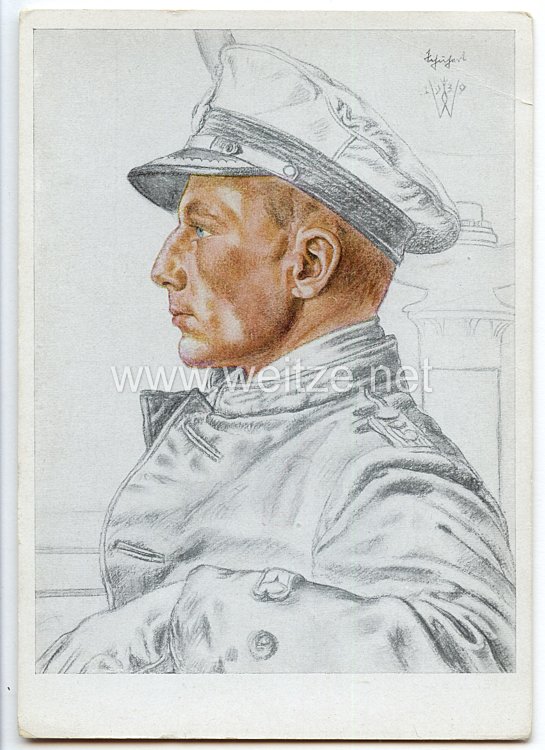 Kriegsmarine - Willrich farbige Propaganda-Postkarte - Ritterkreuzträger Kapitänleutnant Otto Schuhardt