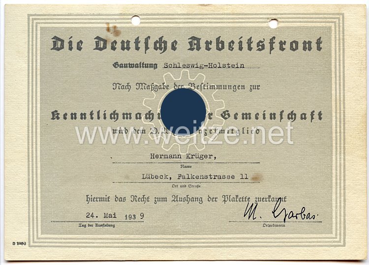 III. Reich - DAF Gauverwaltung Schleswig-Holstein - Berechtigungsurkunde zum Aushang der Plakette der Aktion 