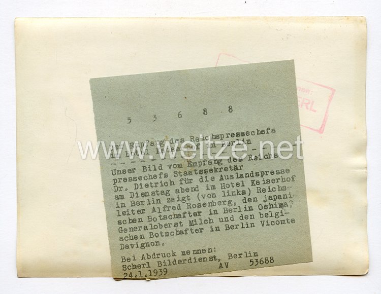 III. Reich Pressefoto. Der Empfang des Reichspressechefs im Hotel Kaiserhof in Berlin. 24.1.1939. Bild 2