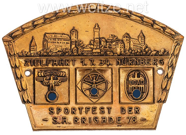 NSKK/DDAC Nichttragbare Teilnehmerplakette: "NSKK DDAC Zielfahrt 1.7.34. Nürnberg - Sportfest der S.A. Brigade 78"