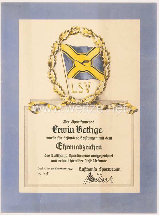 III. Reich - Lufthansa Sportverein e.V. - Verleihungsurkunde für das Ehrenabzeichen des Vereins Nr. 5