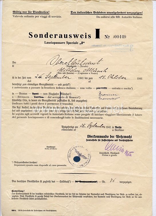 Oberkommando der Wehrmacht ( O.K.W.) Zentralstelle für Passierscheine und Durchlaßscheine - Sonderausweis I für Italien