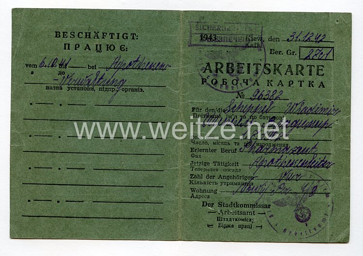 III. Reich - Arbeitskarte für einen Ukrainischen Arbeiter des Jahrgang 1902