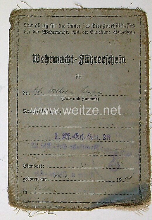 Wehrmacht-Führerschein für einen Angehörigen der 1. Kf-Erst-Abt.28, mit Berechtigung zum führen des Maultier (Halbkettenfahrzeug)