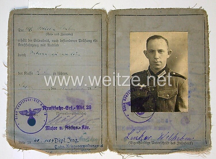 Wehrmacht-Führerschein für einen Angehörigen der 1. Kf-Erst-Abt.28, mit Berechtigung zum führen des Maultier (Halbkettenfahrzeug) Bild 2