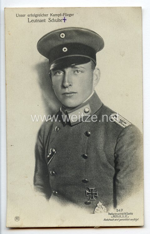 Fliegerei 1. Weltkrieg - Fotopostkarte  - Deutsche Fliegerhelden " Leutnant Schulte "
