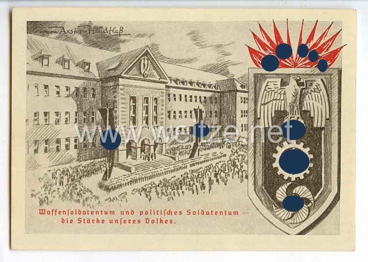 III. Reich - farbige Propaganda-Postkarte - " Waffensoldatentum und politisches Soldatentum - die Stärke unseres Volkes "