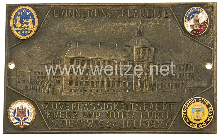 ADAC nichttragbare Erinnerungsplakette "Zuverlässigkeitsfahrt kreuz u. quer durch Schleswig 24. Juli 1927"