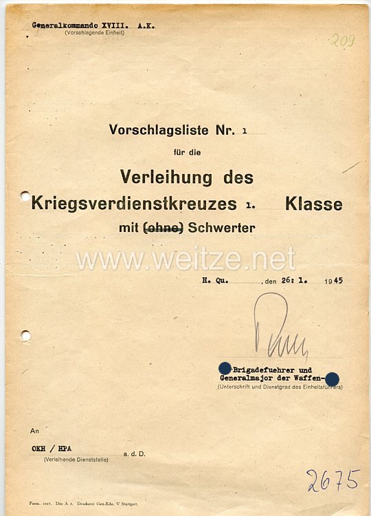 Vorschlagliste - Kriegsverdienstkreuz 1.Klasse mit Schwerter / Generalkommando 18 - SS Armeekorps