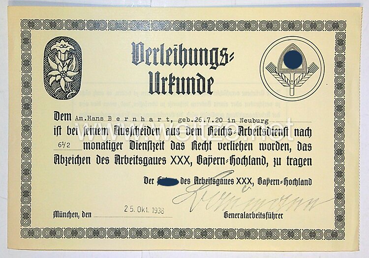 Reichsarbeitsdienst ( RAD ) - Verleihungsurkunde für das Abzeichen des Arbeitsgaues XXX Bayern-Hochland