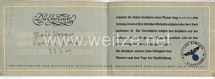 III. Reich - Reichsverband der Deutschen Zeitungsverleger e.V. - Gutschein für Eheleute Bild 2