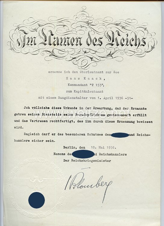 III. Reich - Originalunterschrift von Reichskriegsminister Werner von Blomberg auf einer Ernennungsurkunde 