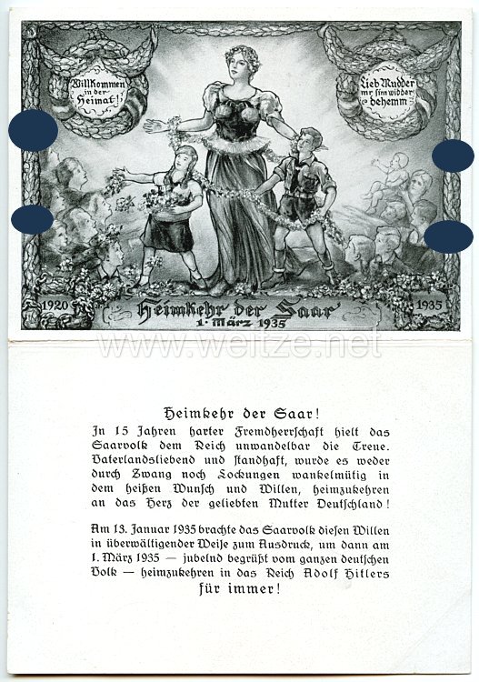 III. Reich - Propaganda-Postkarte - " Heimkehr der Saar 1. März 1935 "