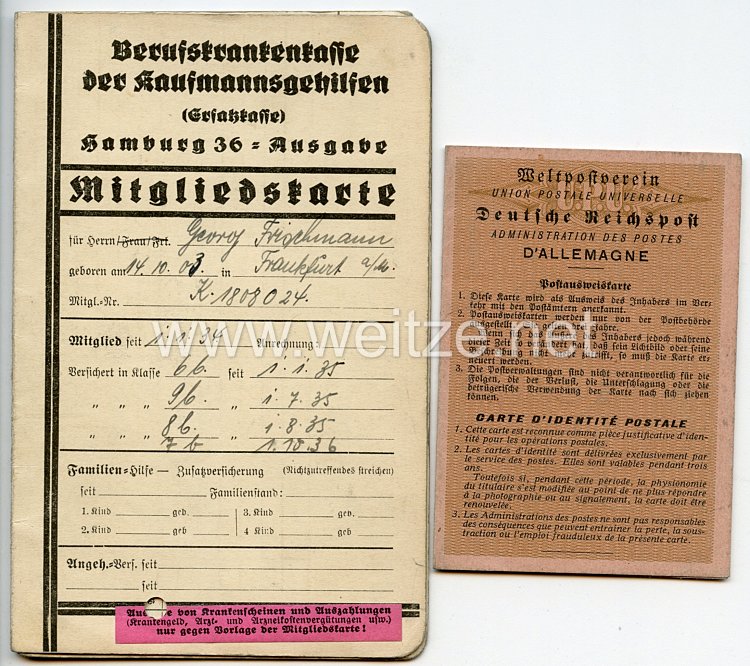 III. Reich - Berufskrankenkasse der Kaufmannsgehilfen Hamburg 36-Ausgabe - Mitgliedskarte