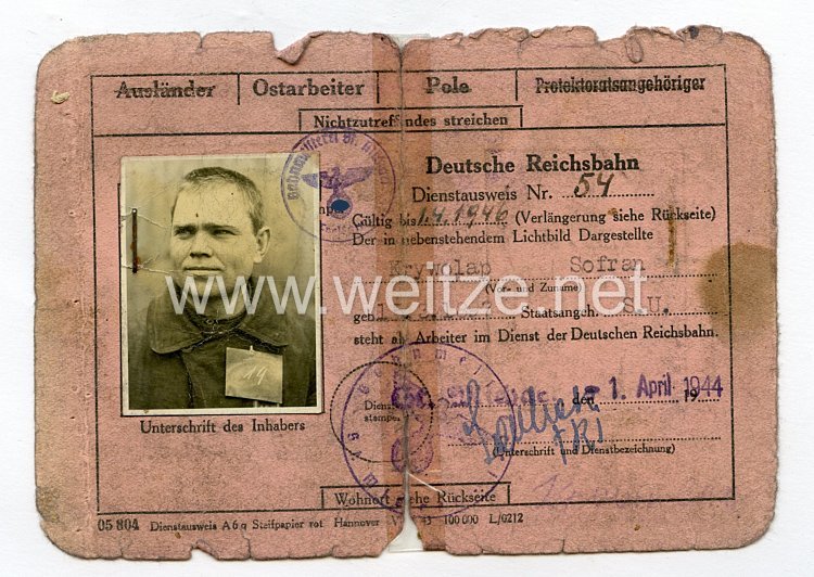III. Reich - Dienstausweis Reichsbahn für einen Sowjetbürger und Ostarbeiter des Jahrgangs 1897