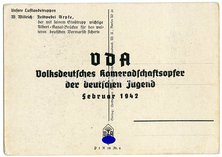 Luftwaffe - Willrich farbige Propaganda-Postkarte - Ritterkreuzträger Feldwebel Arpke Bild 2
