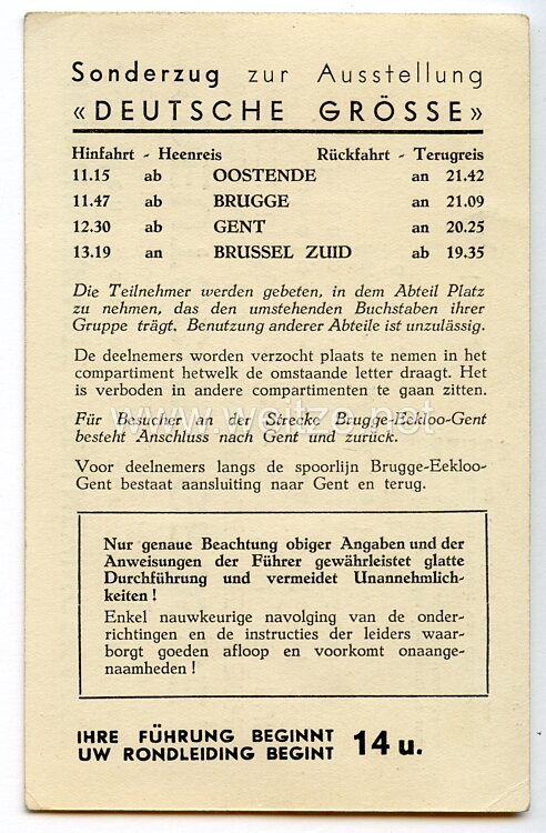 III. Reich - Teilnehmerkarte für den Sonderzug zur Ausstellung " Deutsche Grösse " am 2.5.1942 in Brüssel Bild 2