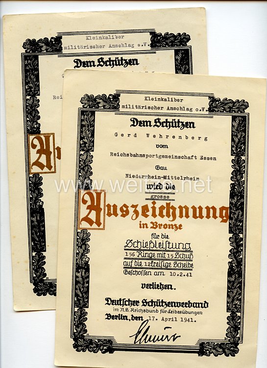 III. Reich - Deutscher Schützenverband - Urkundenpaar zur kleinen und großen Schießauszeichnung in Bronze