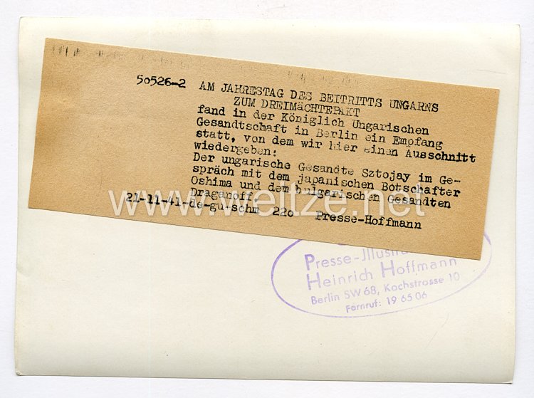 III. Reich Pressefoto. Am Jahrestag des Beitritts Ungarns zum Dreimächtepakt. 21.11.1941. Bild 2