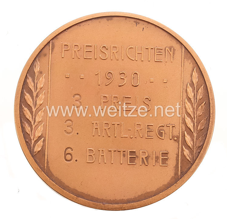 Reichswehr, nichttragbare bronzene Siegermedaille "Preisrichten 1930 3. Preis 3. Artillerie Regiment 6. Batterie" Bild 2