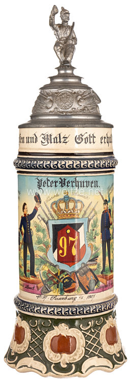 Preußen Reservistenkrug für den Reservisten "Verhuven" im 1. Oberrheinischen Infanterie-Regiment Nr. 97