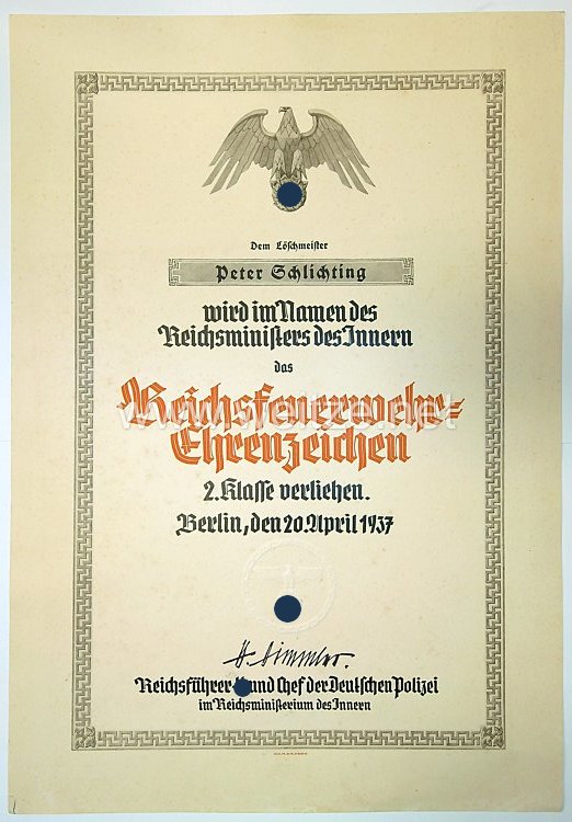 Reichsführer-SS - Reichsfeuerwehr-Ehrenzeichen 2. Klasse - Verleihungsurkunde
