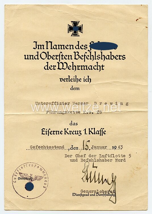Luftwaffe - Urkundengruppe eines Unteroffiziers vom Kampfgeschwader 26 Bild 2