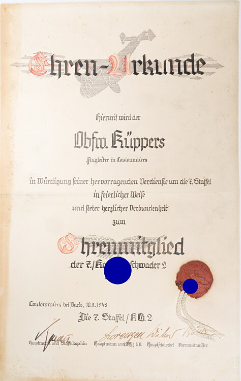 Luftwaffe - Ehren-Urkunde zur Ernennung zum Ehrenmitglied der 7./Kampfgeschwader 2