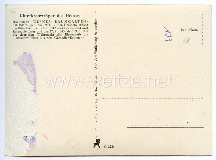 Heer - Originalunterschrift von Ritterkreuzträger Hauptmann Werner Baumgarten-Crusius Bild 2