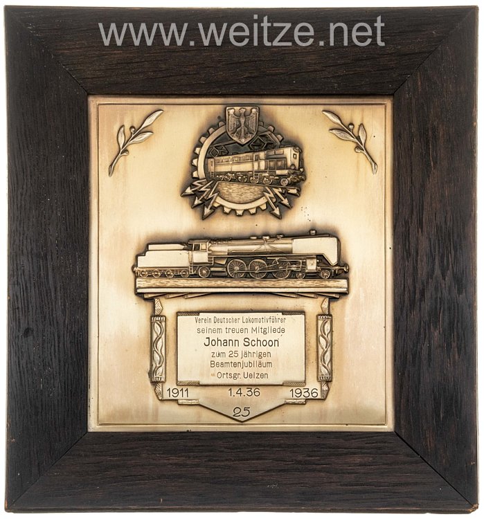Deutsche Reichsbahn - große Geschenkplakette zum 25 jährigen Dienstjubiläum 1911 - 1936
