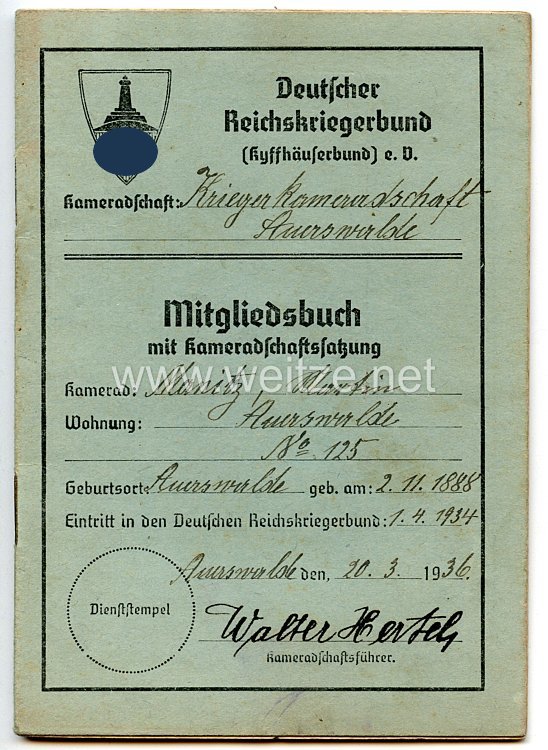 Deutscher Reichskriegerbund ( Kyffhäuserbund ) e.V. - Mitgliedsbuch