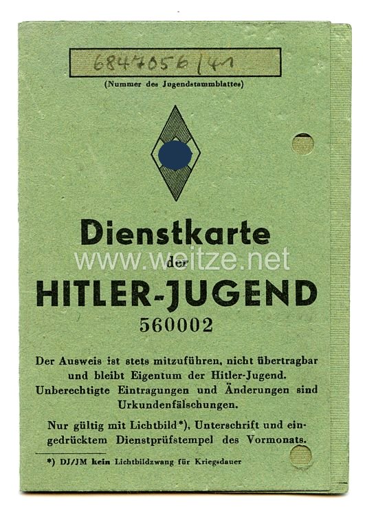 HJ - Dienstkarte der Hitlerjugend Fähnlein 20/335