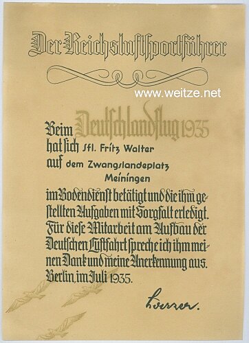 III. Reich - Anerkennungsurkunde für einen Segelflieger beim Deutschlandflug 1935
