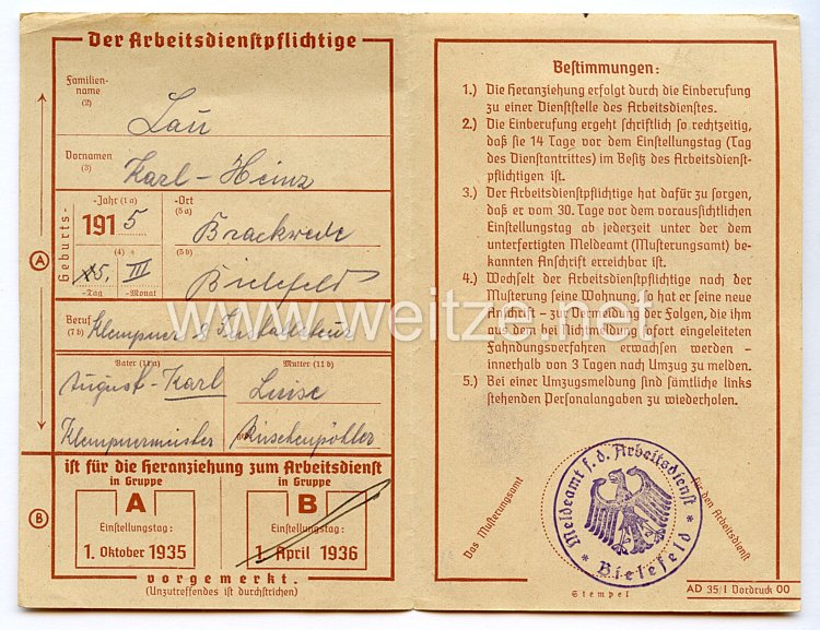 III. Reich - Musterung 1935 - Vorläufiger Entscheid über die Heranziehung zum Arbeitsdienst Bild 2