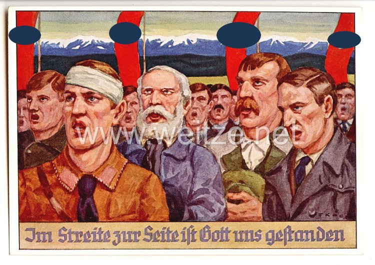III. Reich - farbige Propaganda-Postkarte - " Im Streite zur Seite ist Gott uns gestanden "