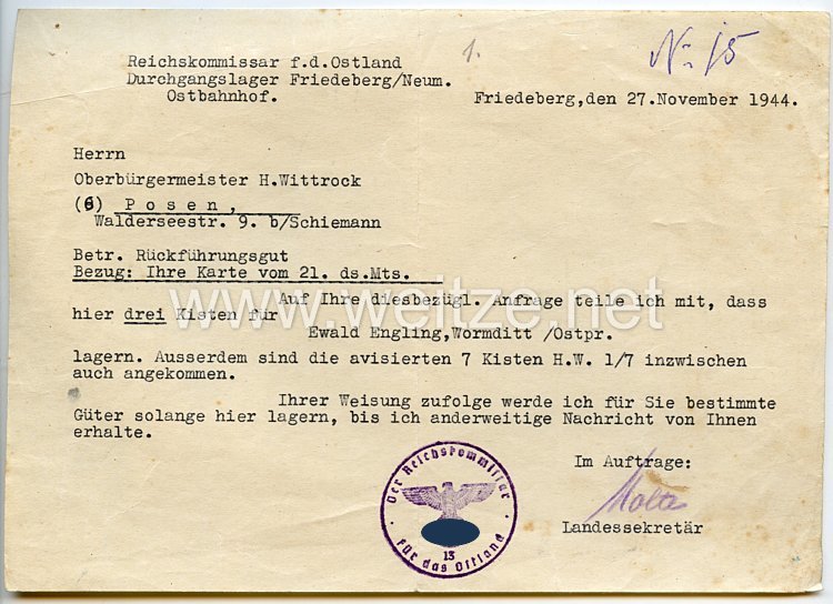 Der Reichskommissar für das Ostland - Schreiben an den Oberbürgermeister von Posen über Rückführungsgut