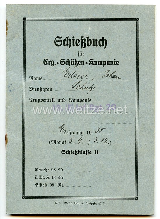 Schießbuch für Erg.-Schützen-Kompanie für einen Schützen der 18.(E)/Inf.Rgt.20 im E Lehrgang 1938