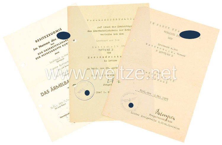 Kriegsmarine - Urkundentrio für einen Leutnant zur See, 14. Sicherungs-Flottille in Kurland 1945