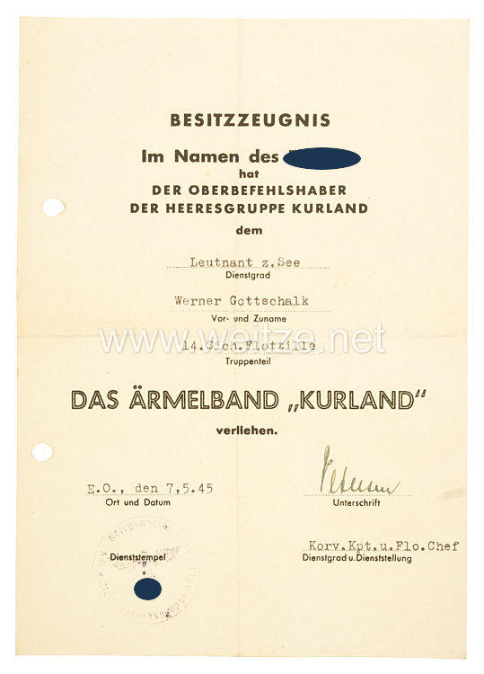 Kriegsmarine - Urkundentrio für einen Leutnant zur See, 14. Sicherungs-Flottille in Kurland 1945 Bild 2