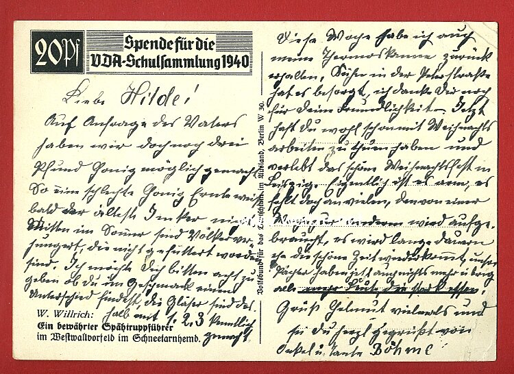 Heer - Willrich farbige Propaganda-Postkarte - " Ein bewährter Spähtruppführer im Westwallvorfeld im Schneetarnhemd " Bild 2