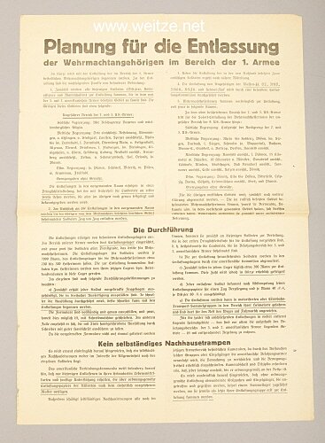 III. Reich - Aushang - Planung für die Entlassung der Wehrmachtangehörigen im Bereich der 1. Armee