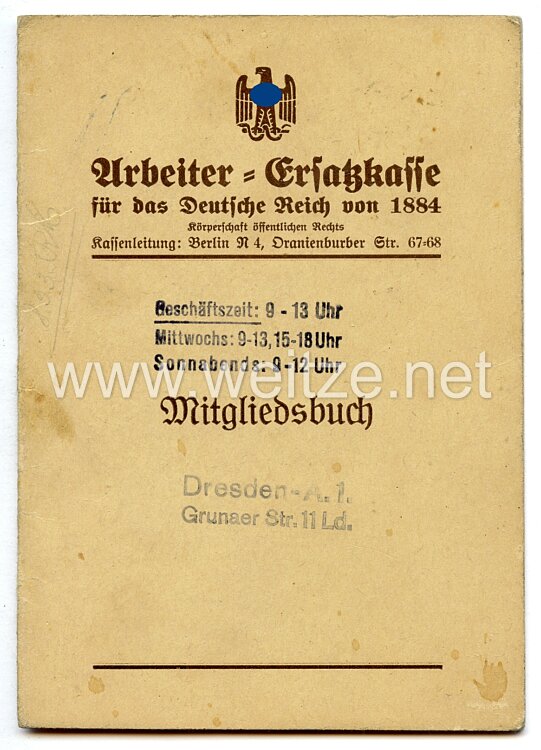 III. Reich - Arbeiter-Ersatzkasse für das Deutsche Reich von 1884 - Mitgliedsbuch