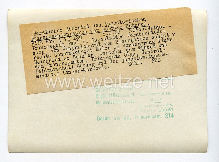 III. Reich Pressefoto. Herzlicher Abschied des jugoslawischen Prinzregentenpaares vom Lehrter Bahnhof. 5.6.1939. Bild 2