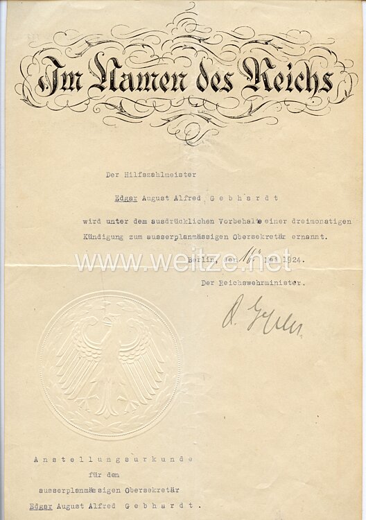 Reichswehrminister Otto Geßler - Originalunterschrift auf einer Anstellungsurkunde 