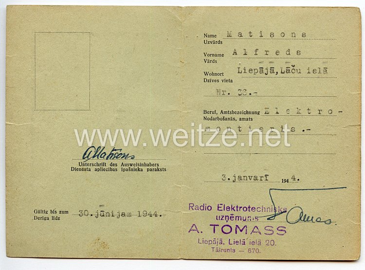 III. Reich / Lettland - Radio Elektrotechnisks - Dienst Ausweis für einen Mann Bild 2
