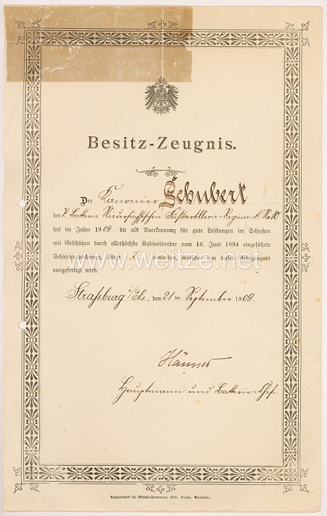 Deutsches Reich - Besitzzeugnis für die Schießauszeichnung 1. Stufe