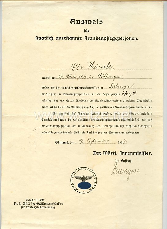 NS-Reichsbund Deutscher Schwestern e.V. - kleine Dokumentengruppe für eine Pflegerin aus Löffingen Bild 2