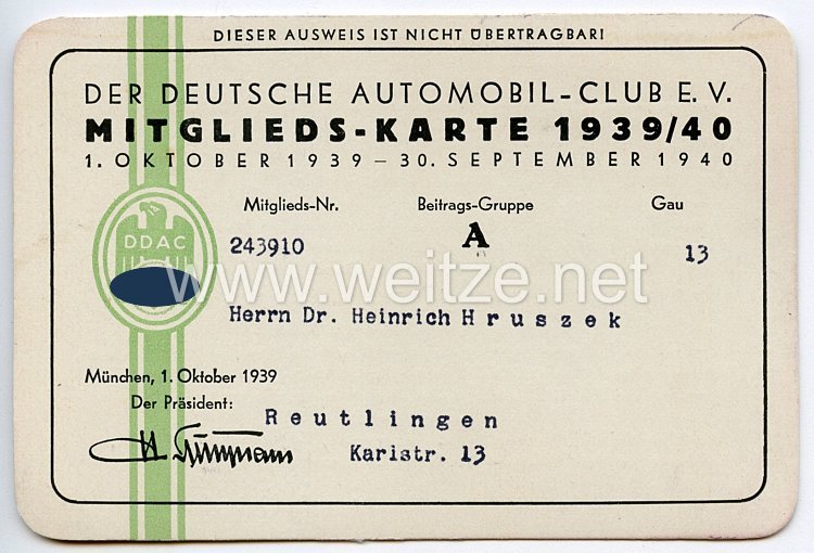 Der Deutsche Automobil-Club e.V. ( DDAC ) - Mitgliedskarte 1939/40